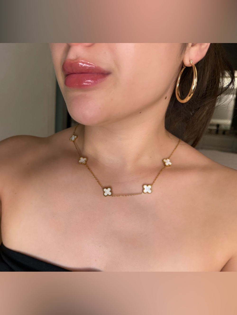 Gold Brass Tone Necklace with White Clover